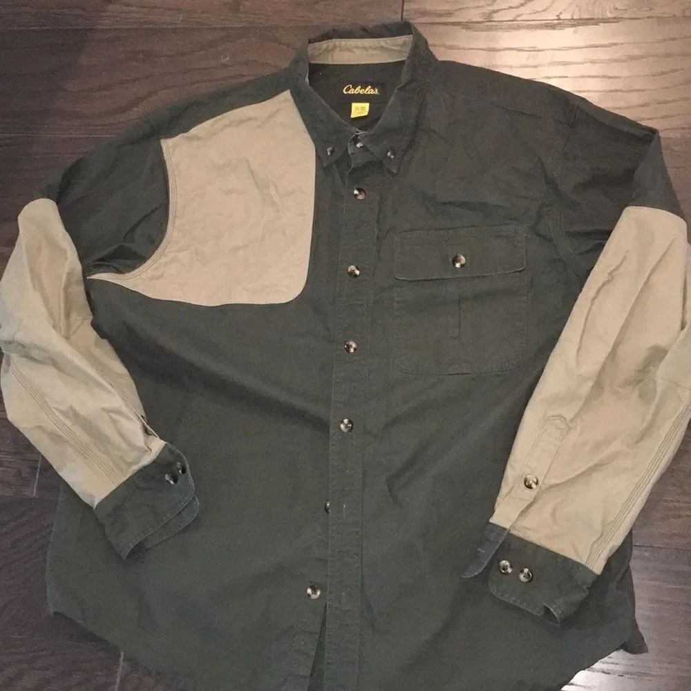 Cabelas Right Hand mens Olive Green Khaki LS hunting trap shooting shirt 2XL